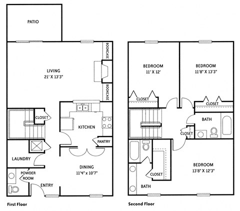 Floor plan for 3 beds, 2 baths, 1730 sqft